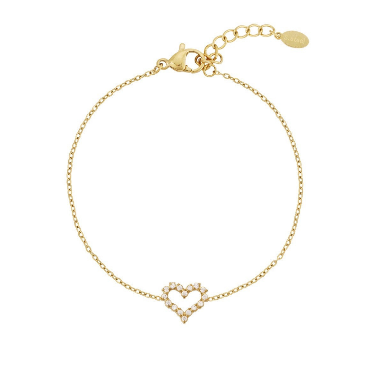 Armband met strass steentjes en hartje goud