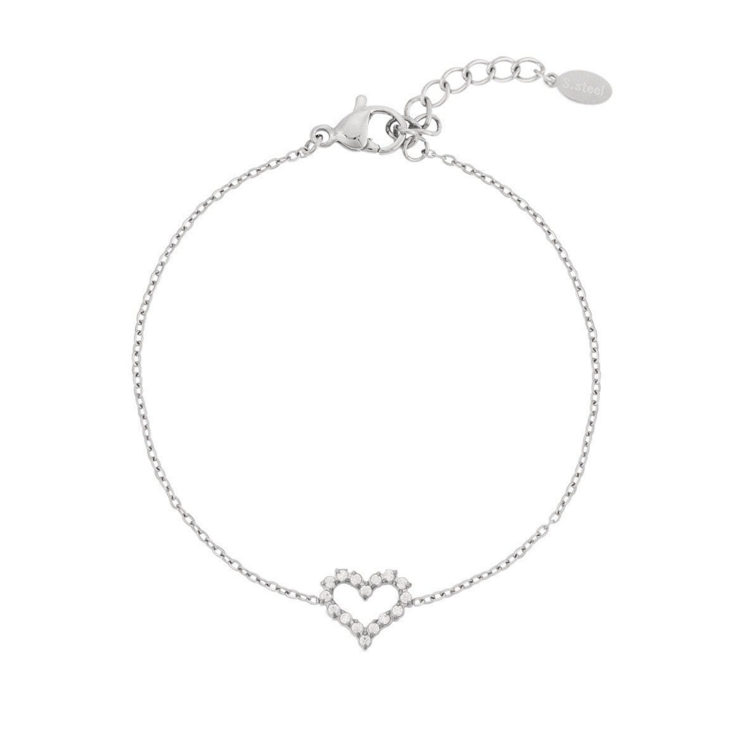 Armband met strass steentjes en hartje zilver