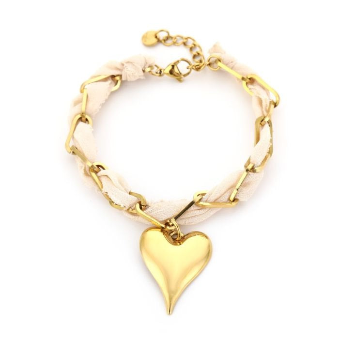 Stof armband met hart beige