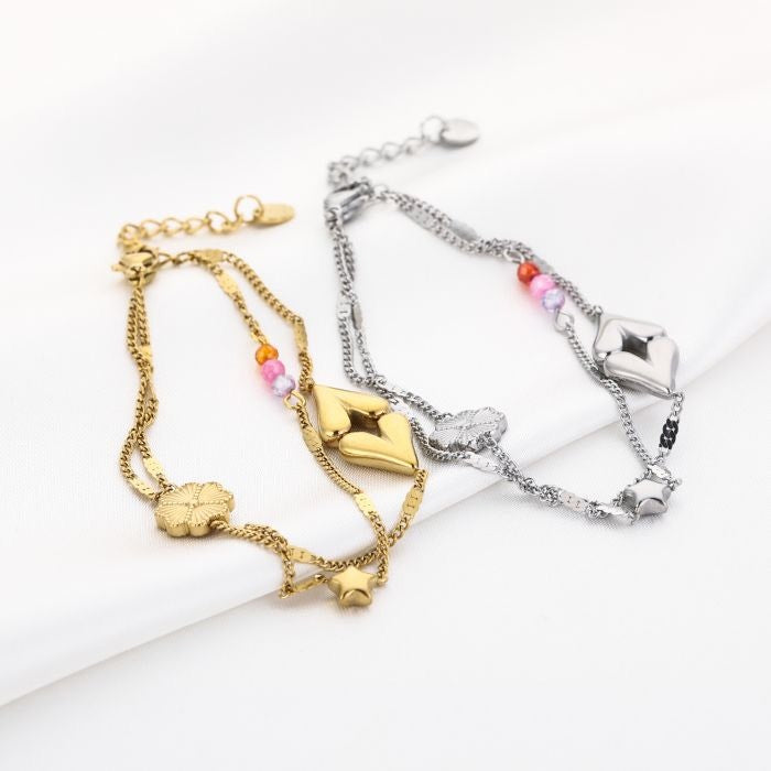 Dubbele hartjes armband met kraaltjes zilver