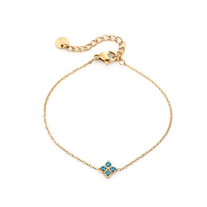 Klaver met blauwe steentjes armband goud