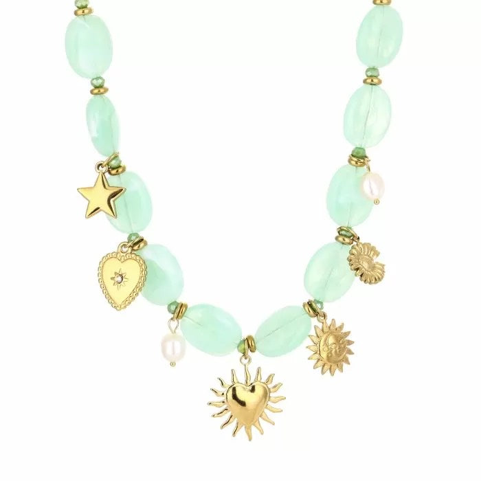 Groene kralen ketting met bedels goud