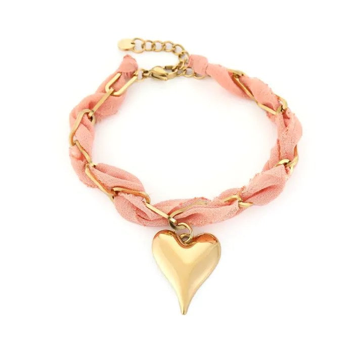 Stof armband met hart peach