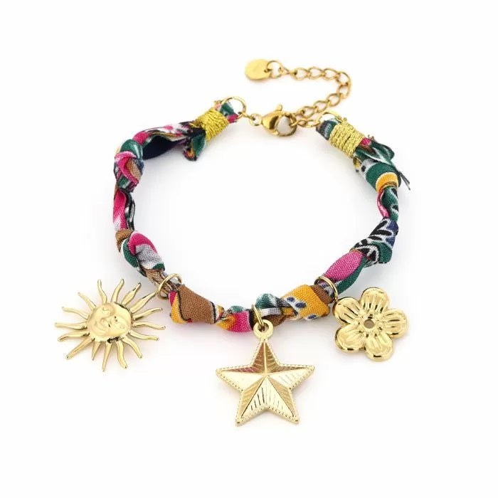 Gevlochten armband met bedels gekleurd/goud