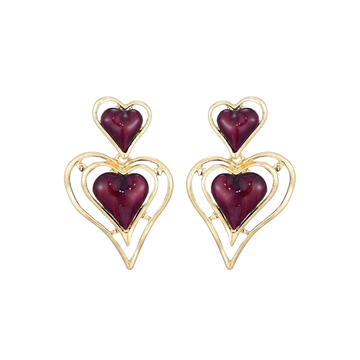 Dubbel hart oorbellen rood met glitter